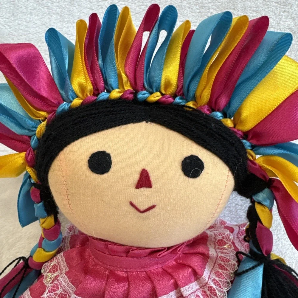 Handmade Folk Art Doll Mexican Inspired Textile Doll Colorful Ribbon‎ Hair Dress